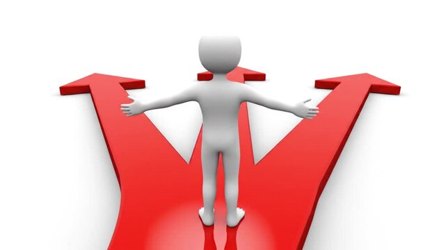 A person stands on a large red arrow with multiple paths in a video about decision making Action Plan Goal Footage