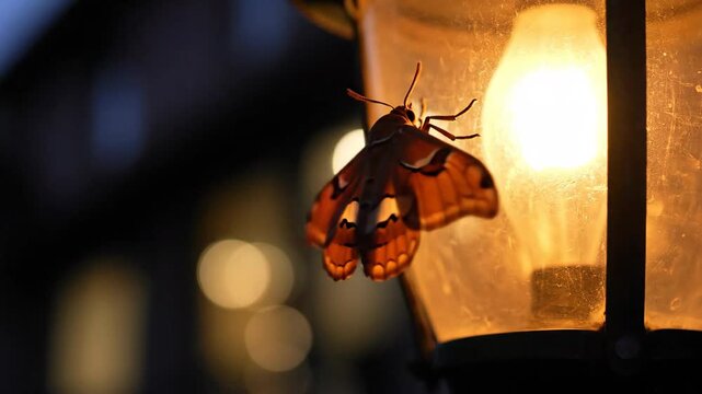Solitary Moth Fluttering Against Warm Streetlamp Glow at Night
