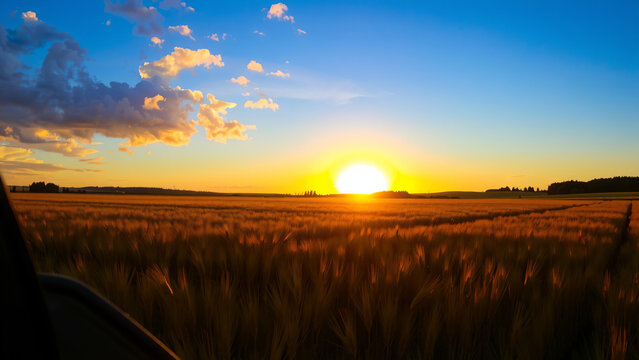 Weizenfeld bei Sonnenuntergang unter blauem Himmel