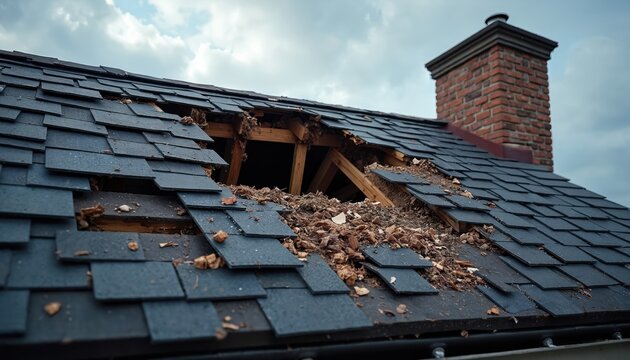 Damaged rooftop after heavy storm. Many shingles are missing from the roof structure. Debris scattered on the surface. House needs urgent repair work.