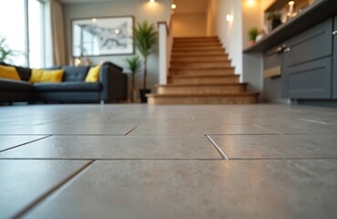 Fototapeta premium Close up of modern light grey ceramic floor tiles in a home living area. Stairs and furniture in background suggest interior design project. Easy clean flooring offers comfort.