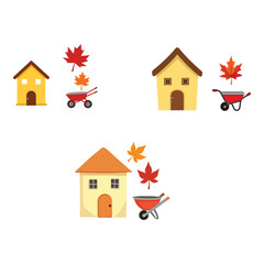Cozy Autumn Home Exterior with Red Wheelbarrow and Seasonal Leaves Vector Design