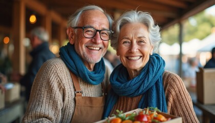 Elderly couple smiling holding fresh produce box. Senior volunteers happy at community food charity event. People share healthy food, support local cause.
