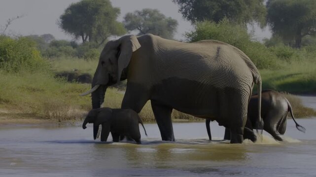 A herd of elephants crossing a river, with the babies safely guided by the adults Stock Video