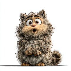 Surprised fluffy cat with puffed cheeks and raised tail, showcasing an endearing expression on a white background.
