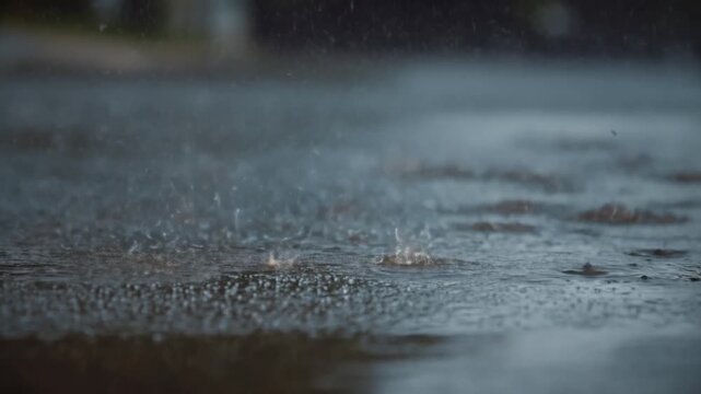 Raindrops create ripples on the ground as they fall on the pavement Stock Video