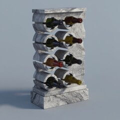 Elegant 3D model of a stone wine bottle holder, carved from natural rock with weathered texture, showcasing intricate slots for bottles.