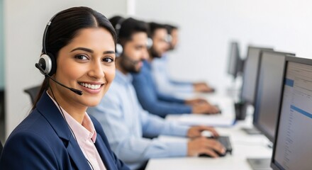 Professional customer service representatives working at computers with headsets in a modern call center environment demonstrating communication support and client assistance