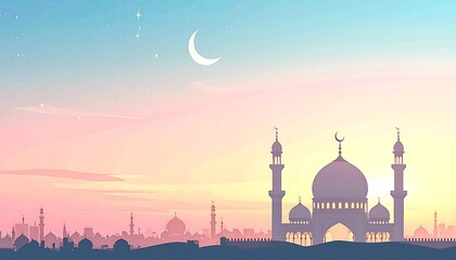 Mosque Silhouette at Sunset with Crescent Moon.