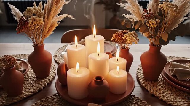 Elegant Table Setting With Burning Candles And Dried Flowers For Autumn Home Decor Scenes
