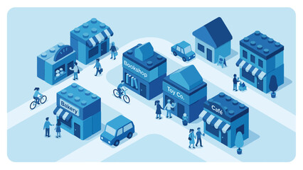 Isometric illustration of a vibrant town with various shops, people, and vehicles.