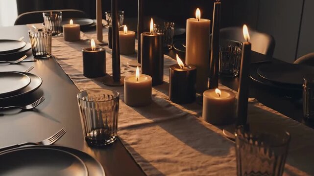 Elegant Table Setting With Burning Candles For A Romantic Dinner Celebration Concept