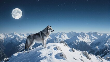 Lone Wolf on Snowy Peak Under Moonlight - A Majestic Winter Scene.