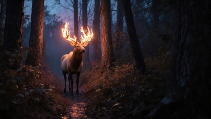 Mystical Stag with Flaming Antlers in Enchanted Forest at Dusk.