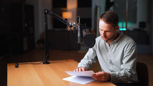Man at desk reading a script in front of a microphone. It is a home recording studio with warm lighting Stock Video