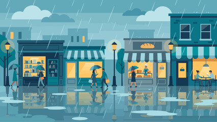 A rainy day in a city with people walking under umbrellas and reflections in puddles.