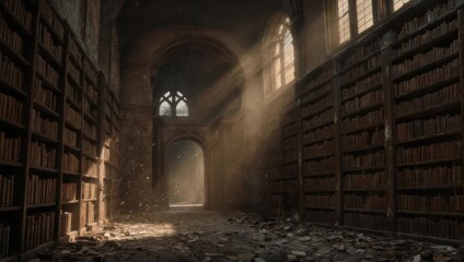 Sunlit Library - A Serene Interior with Rows of Books.