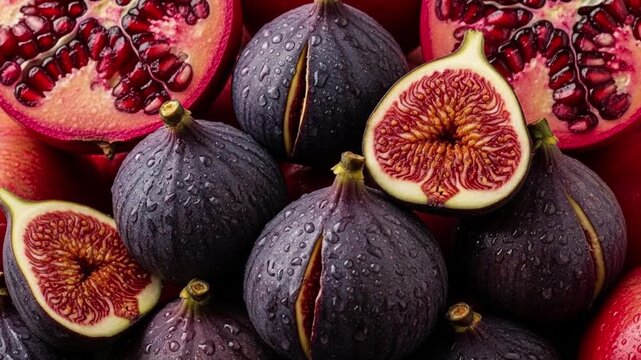Fresh figs and pomegranates with water droplets.