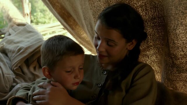 A tender moment between two siblings. An older sister lovingly embraces her younger brother.  Stock Video