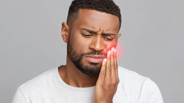 A man is experiencing severe toothache, holding his cheek with a pained expression, with a red glow highlighting the discomfort.