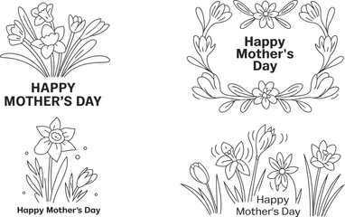 Four simple outline illustrations featuring spring flowers and a Happy Mothers Day greeting text