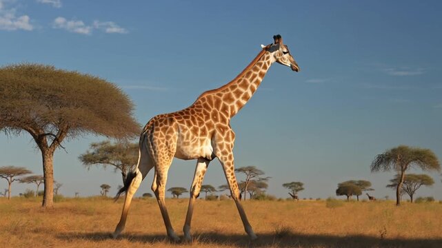 A majestic giraffe gracefully strides across the vast African savanna. The giraffe's unique pattern is on full display as it moves among the iconic acacia trees under a blue sky Stock Video
