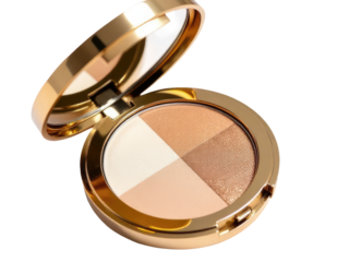 A close-up shot of a compact powder compact on a white background