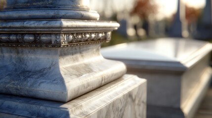 Medium shot capturing a classic marble tombstone with subtle veining and a smooth finish in a serene cemetery setting.