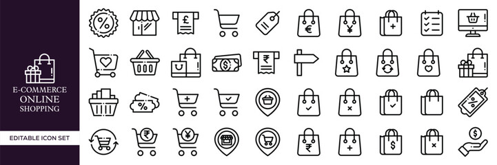 E-Commerce and Online Shopping Line Icon Set &ndash; Digital Store, Payment Gateway, Order Tracking, Checkout, Delivery, Sale, and Retail Business Vector Pack