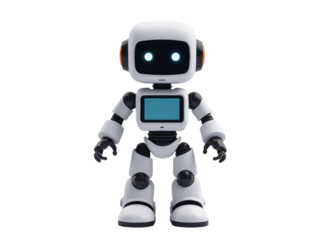 A futuristic robot with a blue screen display on its face, possibly used for communication or interaction