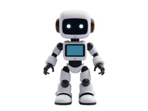 A futuristic robot with a blue screen display on its face, possibly used for communication or interaction - Powered by Adobe