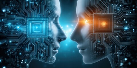 Artificial intelligence in cyberspace. Two humanoid figures face each other, with intricate circuit patterns on their surfaces, symbolizing the intersection of technology and humanity.