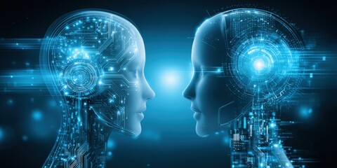 Artificial intelligence in cyberspace. Two futuristic humanoid figures face each other, surrounded by glowing digital circuits, symbolizing the intersection of technology and humanity.