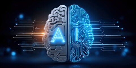 Artificial intelligence in cyberspaceA digital representation of a brain split into two halves, one organic and the other featuring circuitry, symbolizing the integration of AI and human intelligence.