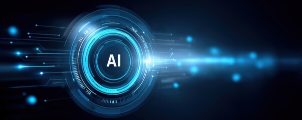 Artificial intelligence in cyberspace. A futuristic digital graphic featuring a circular design with "AI" in the center, conveying themes of technology and artificial intelligence.