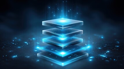 Artificial intelligence in cyberspace. A futuristic depiction of layered digital technology, showcasing glowing blue platforms and data streams in a dark environment.
