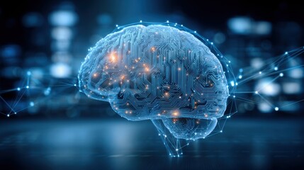 Artificial intelligence in cyberspace. A futuristic digital brain illustration, representing artificial intelligence and neural networks, with glowing circuits and connections.