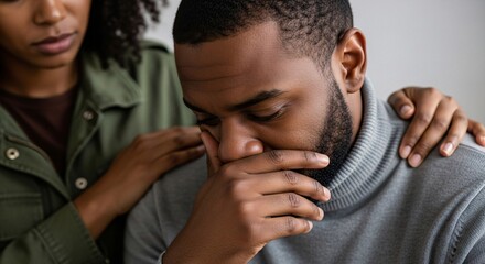 Concerned young man experiencing emotional distress with comforting support from a woman in a close-up indoor setting emphasizing empathy and compassion in difficult times