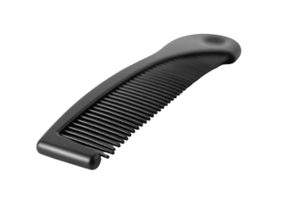 A close-up shot of a black comb on a clean white surface