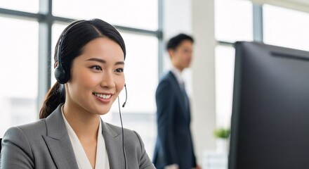 Professional customer service representative wearing a headset smiling at her desk in modern office environment with colleagues working in background for business support and communication