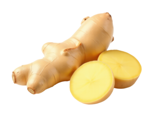 A close-up shot of a thinly sliced ginger on a white background, ready for cooking or garnishing
