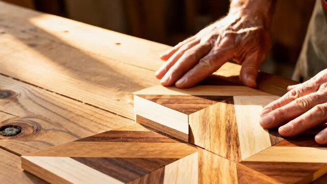 Closeup medium shot of an artisans hands assembling intricate wood inlay on a table surface highlighting precise craftsmanship and natural grain contrasts.