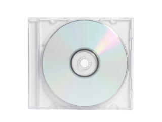 A CD in a transparent plastic case on a white background