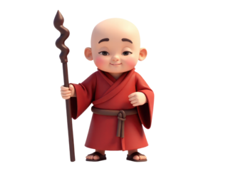 A colorful cartoon character holds a magical staff and a wooden stick, ready for adventure