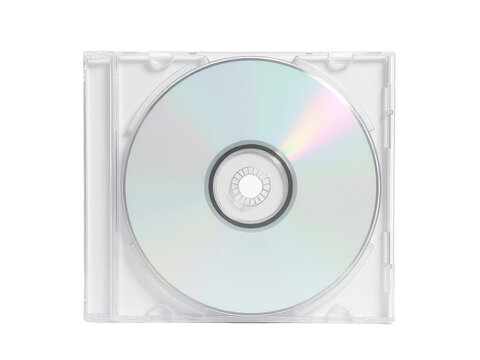 A CD in a transparent plastic case on a white background