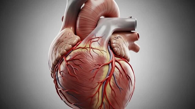 A detailed, anatomically correct illustration of a human heart with visible arteries and veins against a gray gradient background.