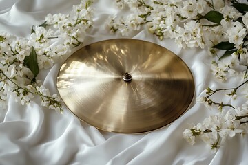 Brass cymbal placed upon smooth white fabric with subtle highlights present