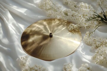 Brass cymbal resting on soft white fabric under gentle light conditions