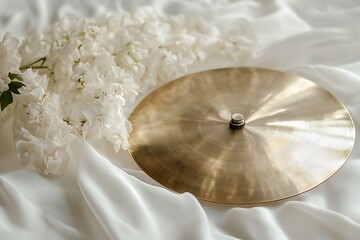 Brass cymbal resting on soft white fabric under gentle light conditions