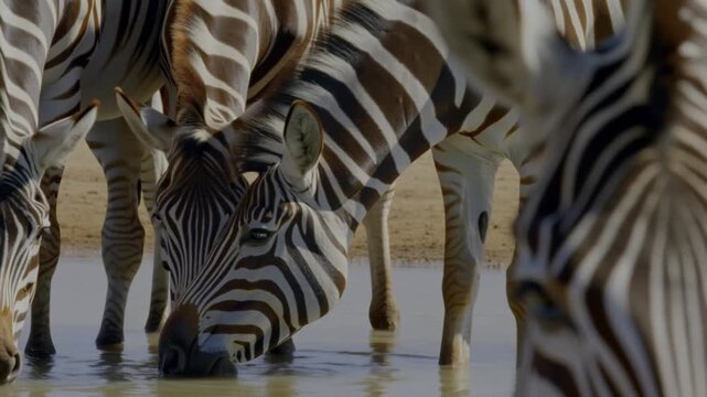 A herd of zebras quenching their thirst at a watering hole. The zebras' striking black and white stripes contrast with the clear water Stock Video